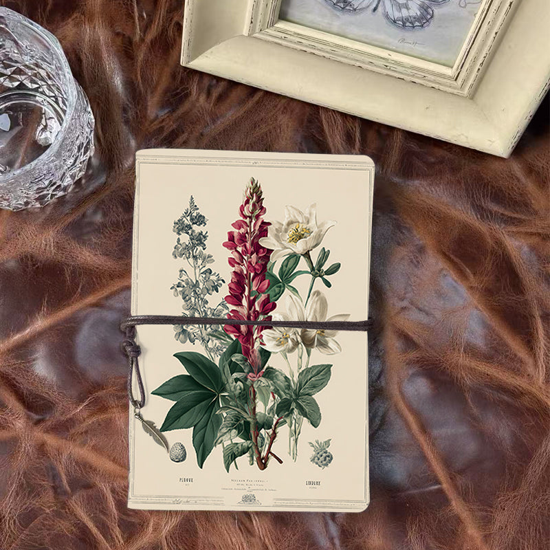 A6 Handmade Notebook with Metal Pendant, 80 Sheets, Loose-leaf, Tether Closure, Office Use with Flowers, leaves, and botanical elements Prin