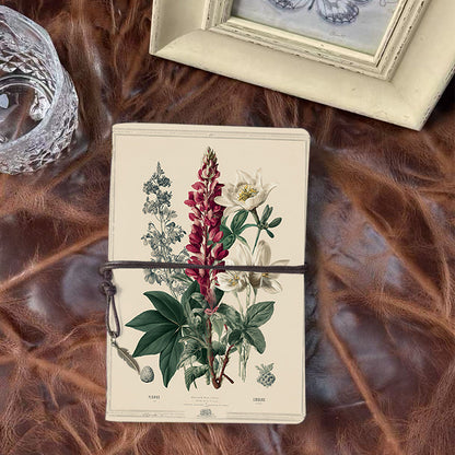 A6 Handmade Notebook with Metal Pendant, 80 Sheets, Loose-leaf, Tether Closure, Office Use with Flowers, leaves, and botanical elements Prin