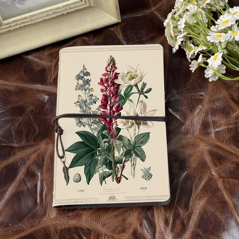 A6 Handmade Notebook with Metal Pendant, 80 Sheets, Loose-leaf, Tether Closure, Office Use with Flowers, leaves, and botanical elements Prin