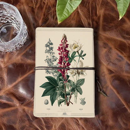A6 Handmade Notebook with Metal Pendant, 80 Sheets, Loose-leaf, Tether Closure, Office Use with Flowers, leaves, and botanical elements Prin
