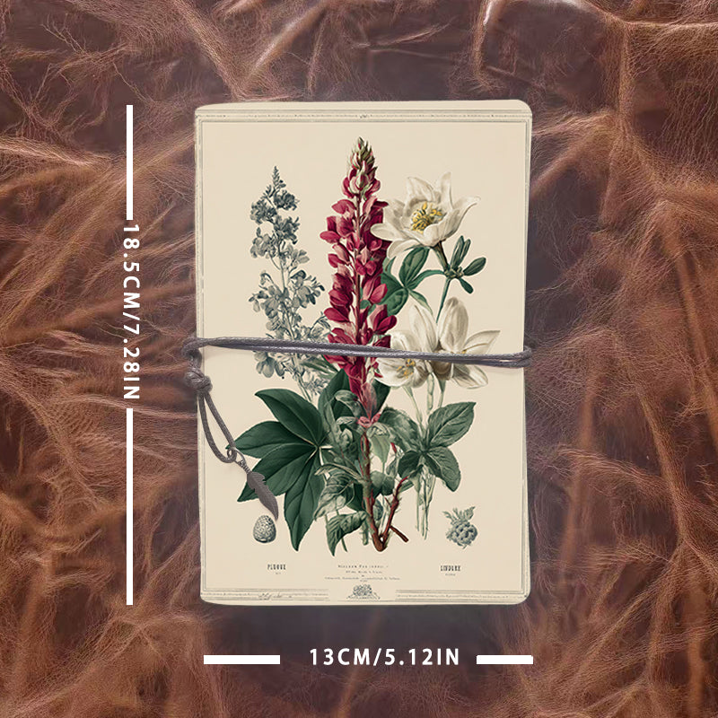 A6 Handmade Notebook with Metal Pendant, 80 Sheets, Loose-leaf, Tether Closure, Office Use with Flowers, leaves, and botanical elements Prin