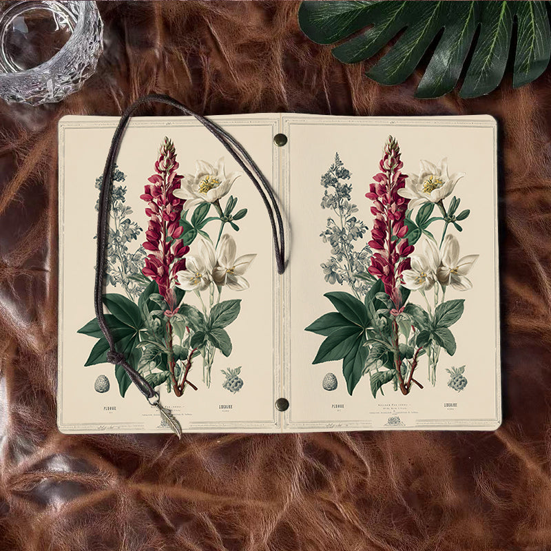 A6 Handmade Notebook with Metal Pendant, 80 Sheets, Loose-leaf, Tether Closure, Office Use with Flowers, leaves, and botanical elements Prin