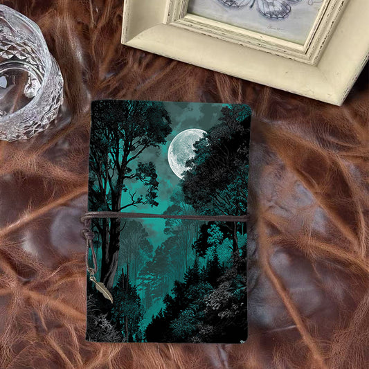 Handmade A6 Notebook, Metal Loose-leaf, 80 Sheets, Tether & Metal Pendant Closure, Office Record-keeping with Moon, trees, forest, night sky