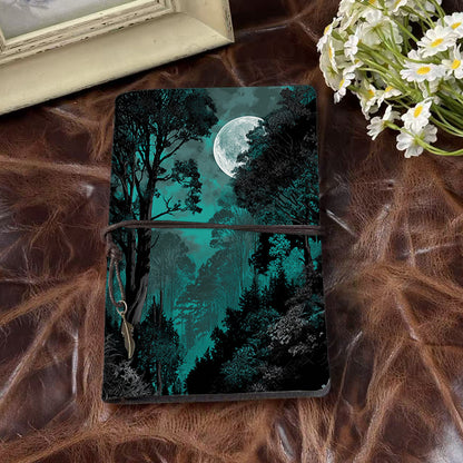 Handmade A6 Notebook, Metal Loose-leaf, 80 Sheets, Tether & Metal Pendant Closure, Office Record-keeping with Moon, trees, forest, night sky