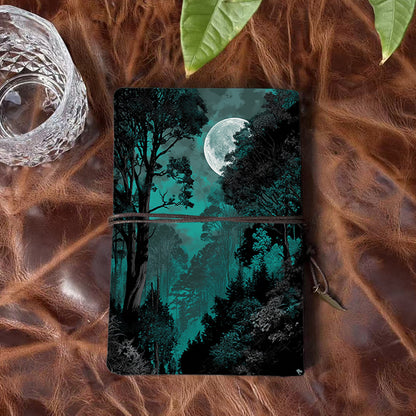 Handmade A6 Notebook, Metal Loose-leaf, 80 Sheets, Tether & Metal Pendant Closure, Office Record-keeping with Moon, trees, forest, night sky