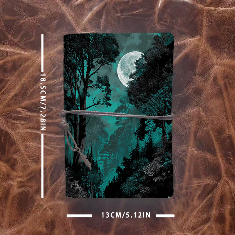Handmade A6 Notebook, Metal Loose-leaf, 80 Sheets, Tether & Metal Pendant Closure, Office Record-keeping with Moon, trees, forest, night sky