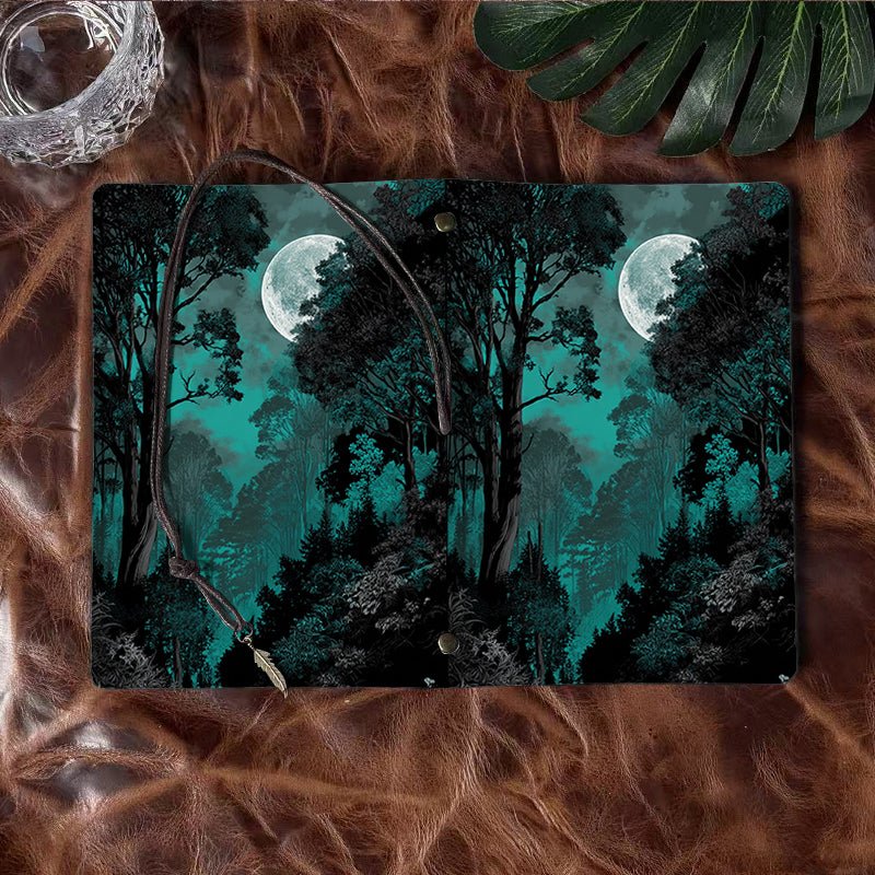 Handmade A6 Notebook, Metal Loose-leaf, 80 Sheets, Tether & Metal Pendant Closure, Office Record-keeping with Moon, trees, forest, night sky