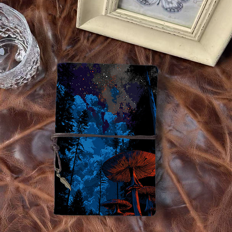 A6 Handmade Office Notebook, 160 Pages, Metal Loose-leaf, Tether Close w/ Metal Pendant with Stars, clouds, trees, mushrooms Prints