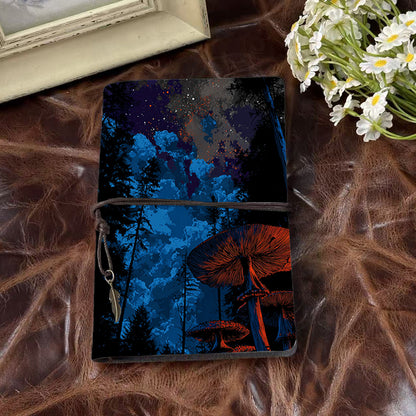 A6 Handmade Office Notebook, 160 Pages, Metal Loose-leaf, Tether Close w/ Metal Pendant with Stars, clouds, trees, mushrooms Prints
