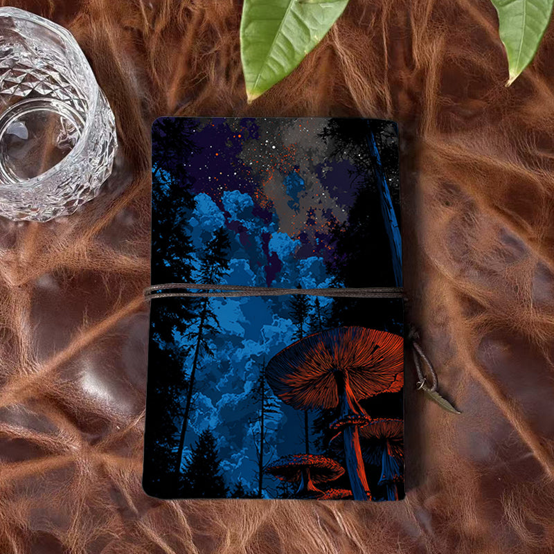 A6 Handmade Office Notebook, 160 Pages, Metal Loose-leaf, Tether Close w/ Metal Pendant with Stars, clouds, trees, mushrooms Prints