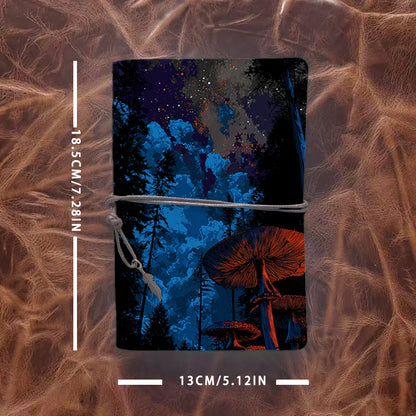 A6 Handmade Office Notebook, 160 Pages, Metal Loose-leaf, Tether Close w/ Metal Pendant with Stars, clouds, trees, mushrooms Prints