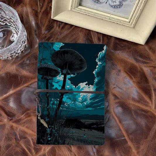 Handmade A6 Notebook - 80 Sheets, Metal Binder, Tether Closure with Metal Pendant, Ideal for Office Work with Mushrooms, clouds, grass, nigh