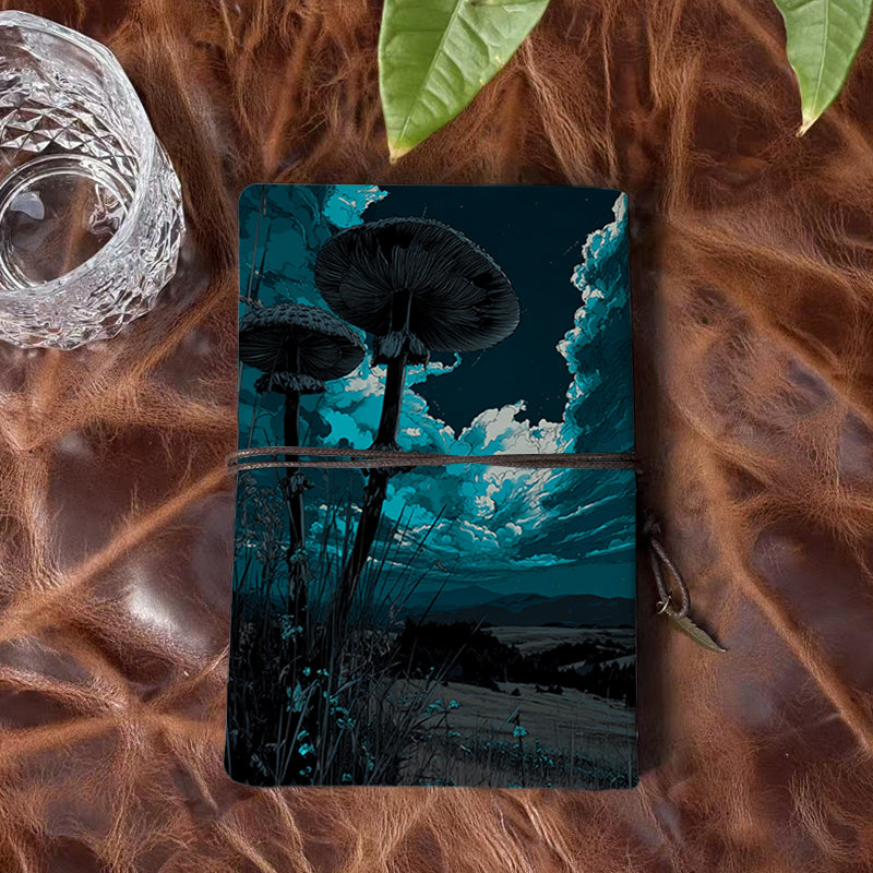 Handmade A6 Notebook - 80 Sheets, Metal Binder, Tether Closure with Metal Pendant, Ideal for Office Work with Mushrooms, clouds, grass, nigh