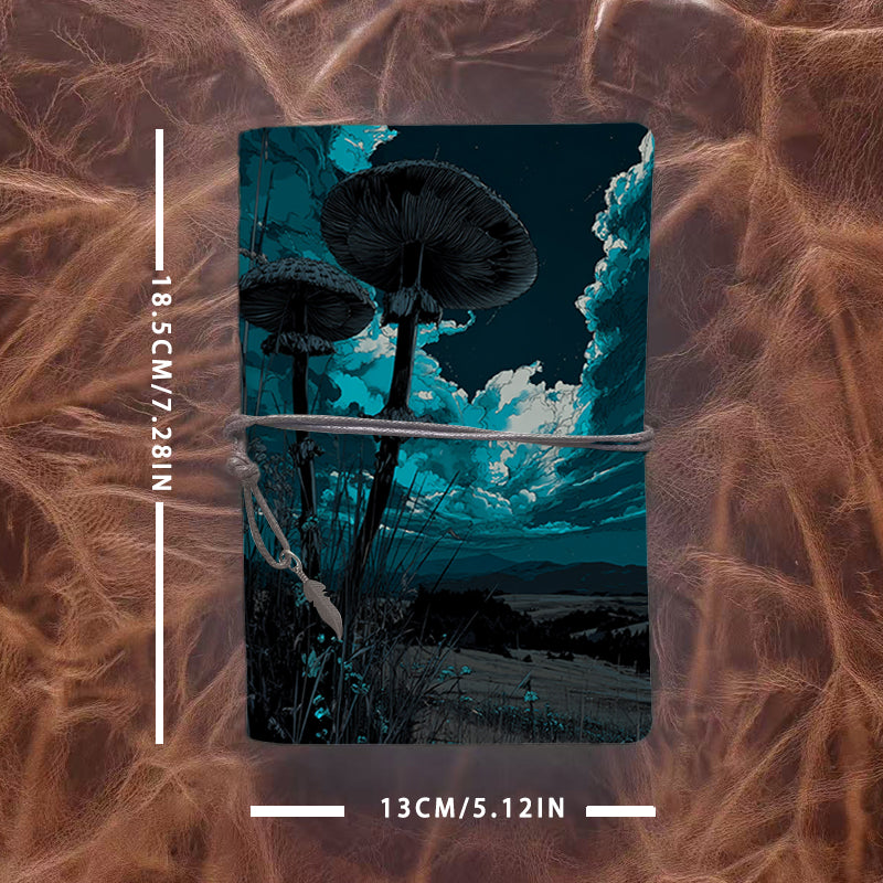 Handmade A6 Notebook - 80 Sheets, Metal Binder, Tether Closure with Metal Pendant, Ideal for Office Work with Mushrooms, clouds, grass, nigh