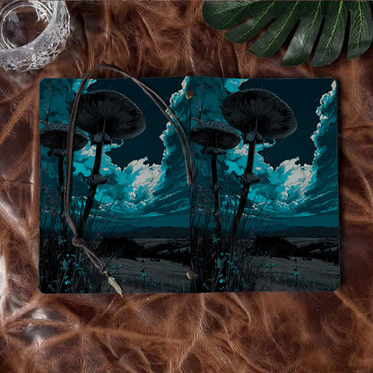 Handmade A6 Notebook - 80 Sheets, Metal Binder, Tether Closure with Metal Pendant, Ideal for Office Work with Mushrooms, clouds, grass, nigh