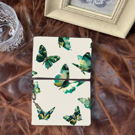 A6 Handmade Notebook, Metal Loose-leaf, 80 Sheets, Tether & Metal Pendant, Business Meeting Use with Green - hued polygonal butterflies Prin