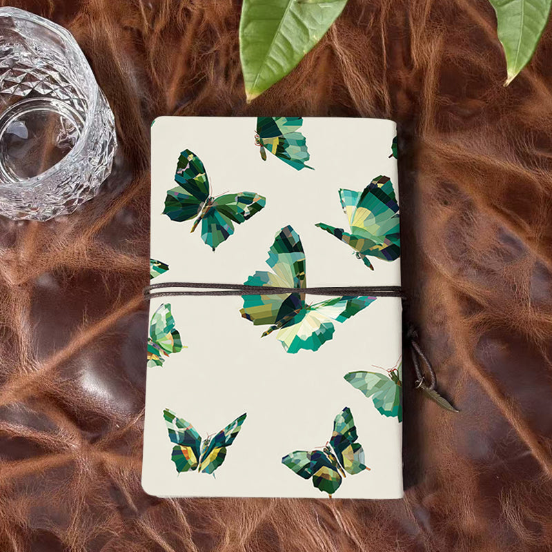 A6 Handmade Notebook, Metal Loose-leaf, 80 Sheets, Tether & Metal Pendant, Business Meeting Use with Green - hued polygonal butterflies Prin