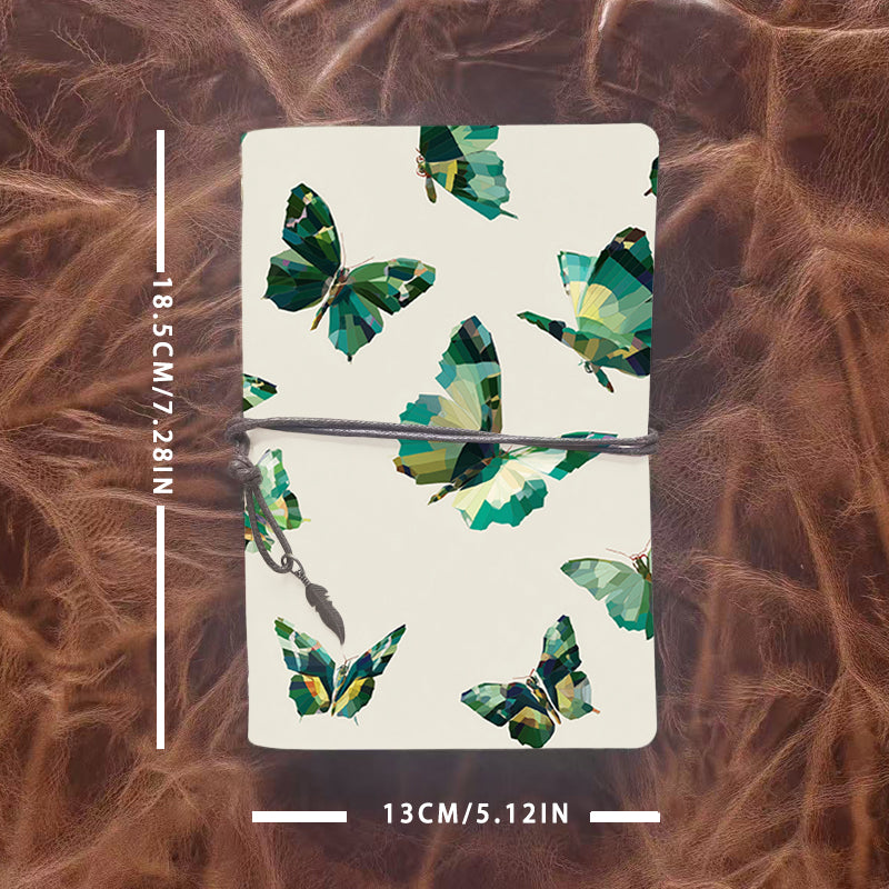 A6 Handmade Notebook, Metal Loose-leaf, 80 Sheets, Tether & Metal Pendant, Business Meeting Use with Green - hued polygonal butterflies Prin