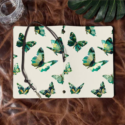 A6 Handmade Notebook, Metal Loose-leaf, 80 Sheets, Tether & Metal Pendant, Business Meeting Use with Green - hued polygonal butterflies Prin