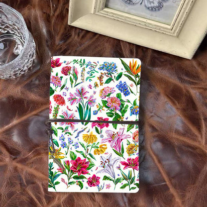 Handmade Office A6 Notebook, 80 Sheets, Metal Loose-leaf, Tether Closure w/ Pendant Design with Flowers and green leaves on white background