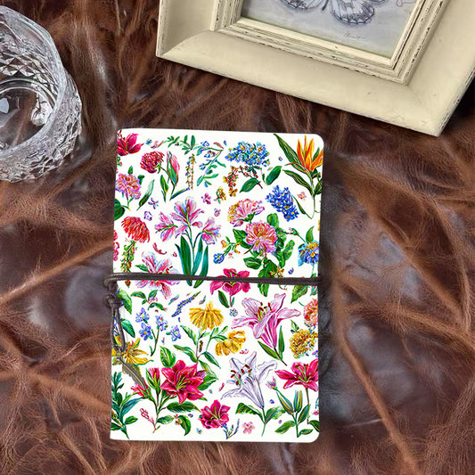 Handmade Office A6 Notebook, 80 Sheets, Metal Loose-leaf, Tether Closure w/ Pendant Design with Flowers and green leaves on white background