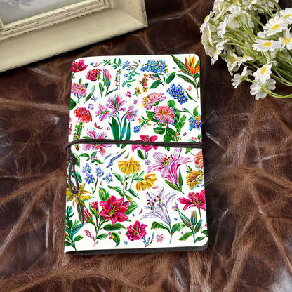 Handmade Office A6 Notebook, 80 Sheets, Metal Loose-leaf, Tether Closure w/ Pendant Design with Flowers and green leaves on white background