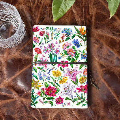 Handmade Office A6 Notebook, 80 Sheets, Metal Loose-leaf, Tether Closure w/ Pendant Design with Flowers and green leaves on white background