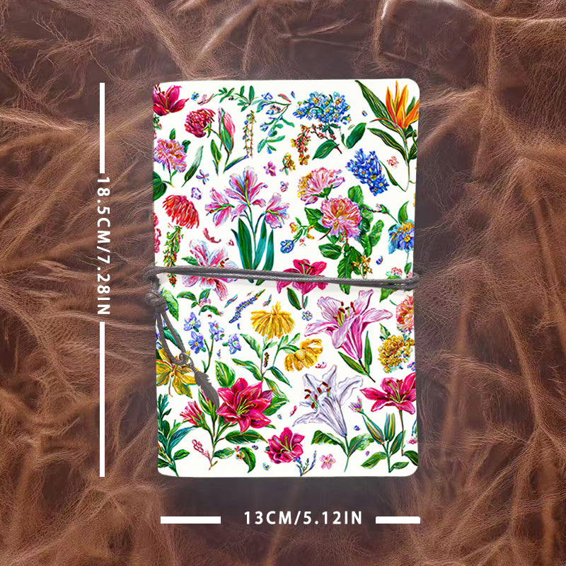 Handmade Office A6 Notebook, 80 Sheets, Metal Loose-leaf, Tether Closure w/ Pendant Design with Flowers and green leaves on white background