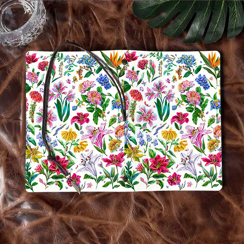 Handmade Office A6 Notebook, 80 Sheets, Metal Loose-leaf, Tether Closure w/ Pendant Design with Flowers and green leaves on white background