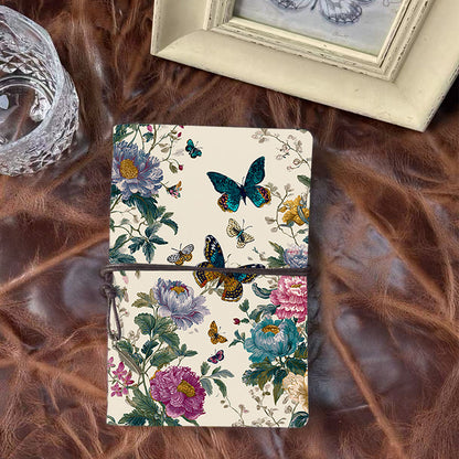 A6 Handmade Notebook with Metal Loose-leaf, 160 Pages, Tether & Metal Pendant, Office Memos with Butterflies and colorful flowers Prints