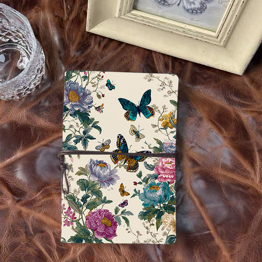 A6 Handmade Notebook with Metal Loose-leaf, 160 Pages, Tether & Metal Pendant, Office Memos with Butterflies and colorful flowers Prints