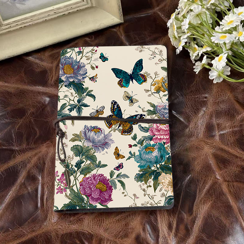 A6 Handmade Notebook with Metal Loose-leaf, 160 Pages, Tether & Metal Pendant, Office Memos with Butterflies and colorful flowers Prints