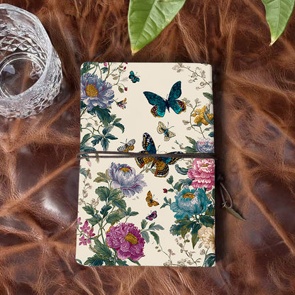 A6 Handmade Notebook with Metal Loose-leaf, 160 Pages, Tether & Metal Pendant, Office Memos with Butterflies and colorful flowers Prints