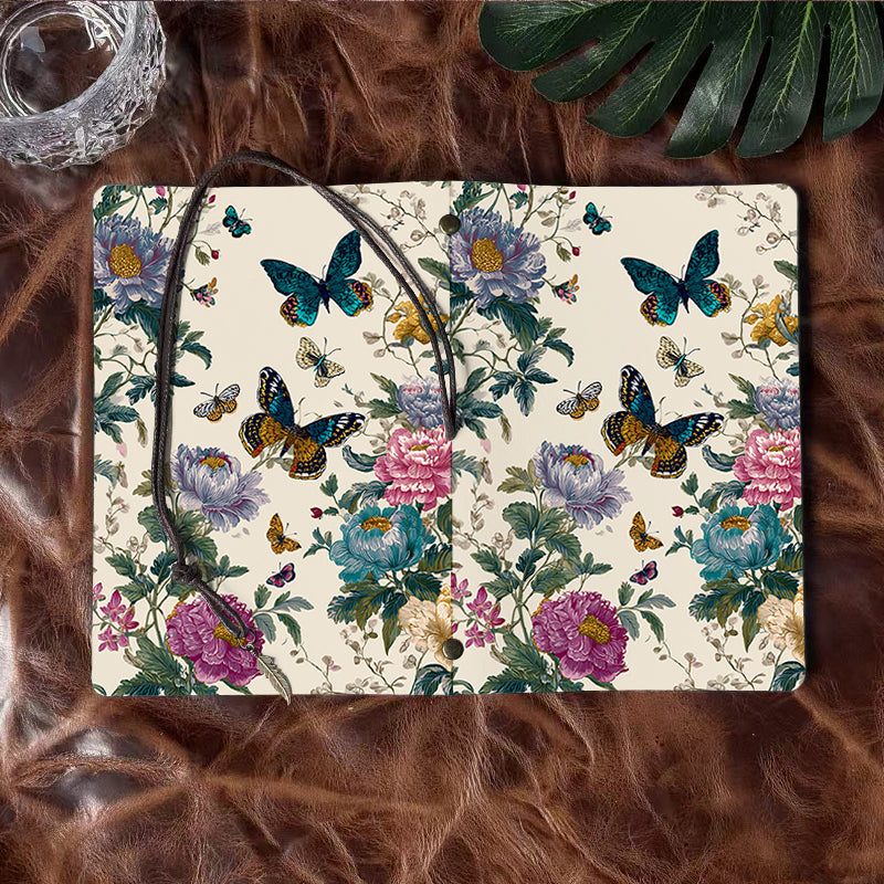 A6 Handmade Notebook with Metal Loose-leaf, 160 Pages, Tether & Metal Pendant, Office Memos with Butterflies and colorful flowers Prints