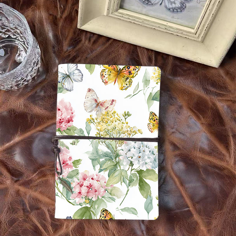 Handmade A6 Notebook, Metal Binder, 80 Sheets, Tether Closure w/ Metal Pendant, Office Conference Notes with Butterflies, hydrangeas and gre