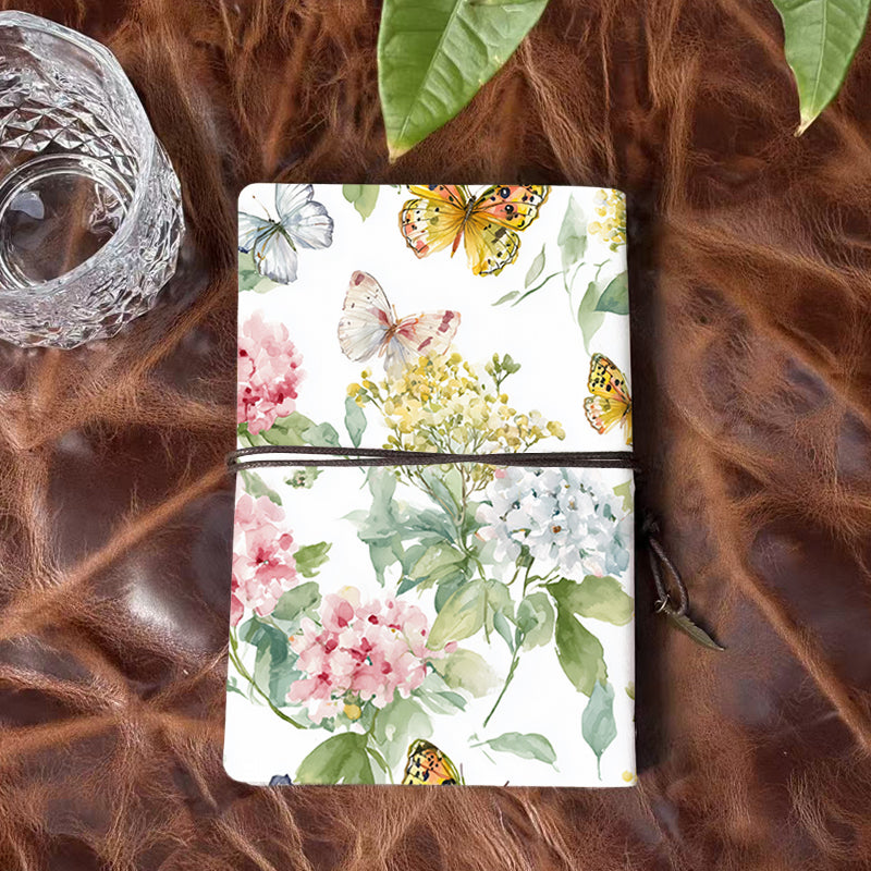 Handmade A6 Notebook, Metal Binder, 80 Sheets, Tether Closure w/ Metal Pendant, Office Conference Notes with Butterflies, hydrangeas and gre