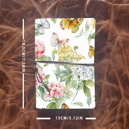 Handmade A6 Notebook, Metal Binder, 80 Sheets, Tether Closure w/ Metal Pendant, Office Conference Notes with Butterflies, hydrangeas and gre