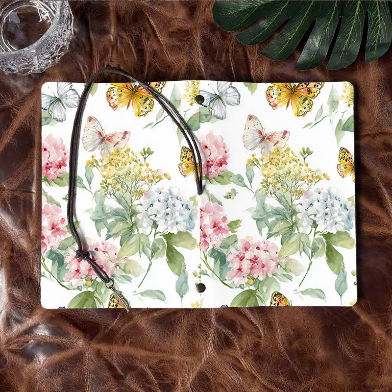 Handmade A6 Notebook, Metal Binder, 80 Sheets, Tether Closure w/ Metal Pendant, Office Conference Notes with Butterflies, hydrangeas and gre