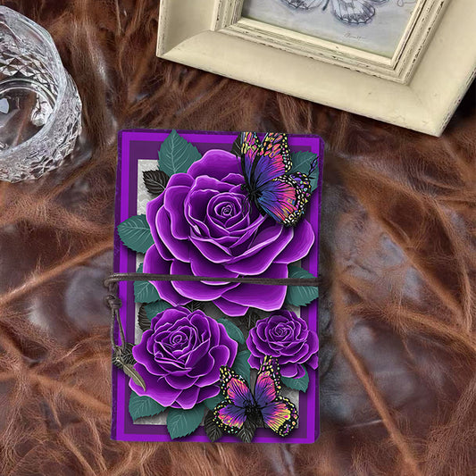 A6 Handmade Office Notebook, 80 Sheets, Metal Loose-leaf, Tether & Metal Pendant, Vintage Yellow Paper with Purple roses, butterflies and le