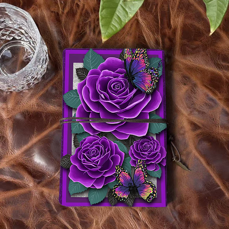 A6 Handmade Office Notebook, 80 Sheets, Metal Loose-leaf, Tether & Metal Pendant, Vintage Yellow Paper with Purple roses, butterflies and le