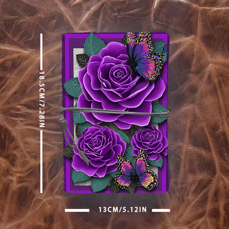 A6 Handmade Office Notebook, 80 Sheets, Metal Loose-leaf, Tether & Metal Pendant, Vintage Yellow Paper with Purple roses, butterflies and le