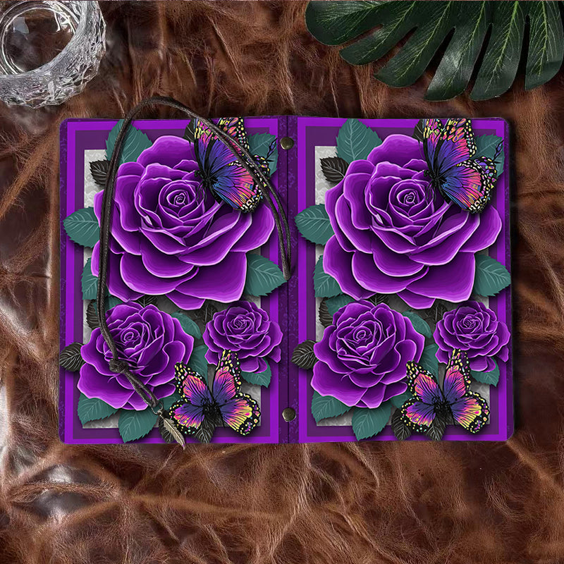 A6 Handmade Office Notebook, 80 Sheets, Metal Loose-leaf, Tether & Metal Pendant, Vintage Yellow Paper with Purple roses, butterflies and le