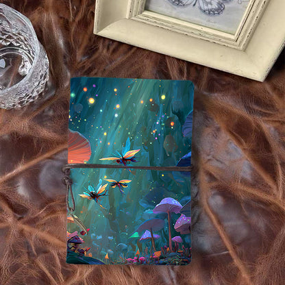 Handmade A6 Notebook - 80 Sheets, Metal Loose-leaf, Tether Closure with Metal Pendant, Office Daily Use with Fireflies, fairies, mushrooms,