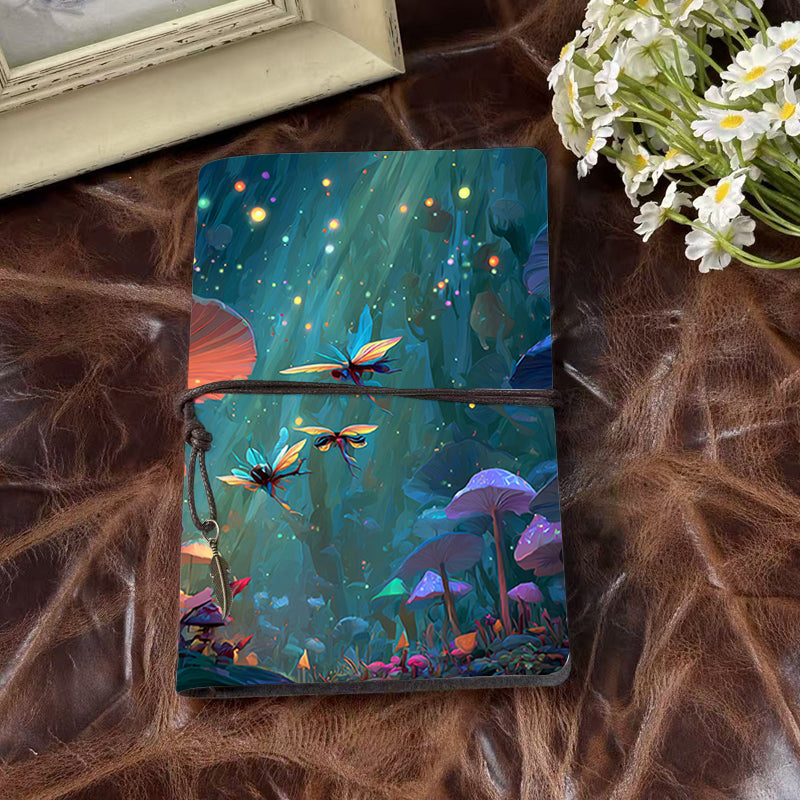 Handmade A6 Notebook - 80 Sheets, Metal Loose-leaf, Tether Closure with Metal Pendant, Office Daily Use with Fireflies, fairies, mushrooms,