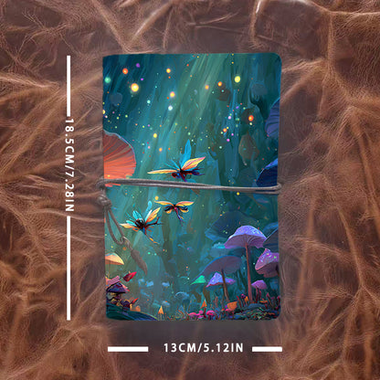 Handmade A6 Notebook - 80 Sheets, Metal Loose-leaf, Tether Closure with Metal Pendant, Office Daily Use with Fireflies, fairies, mushrooms,