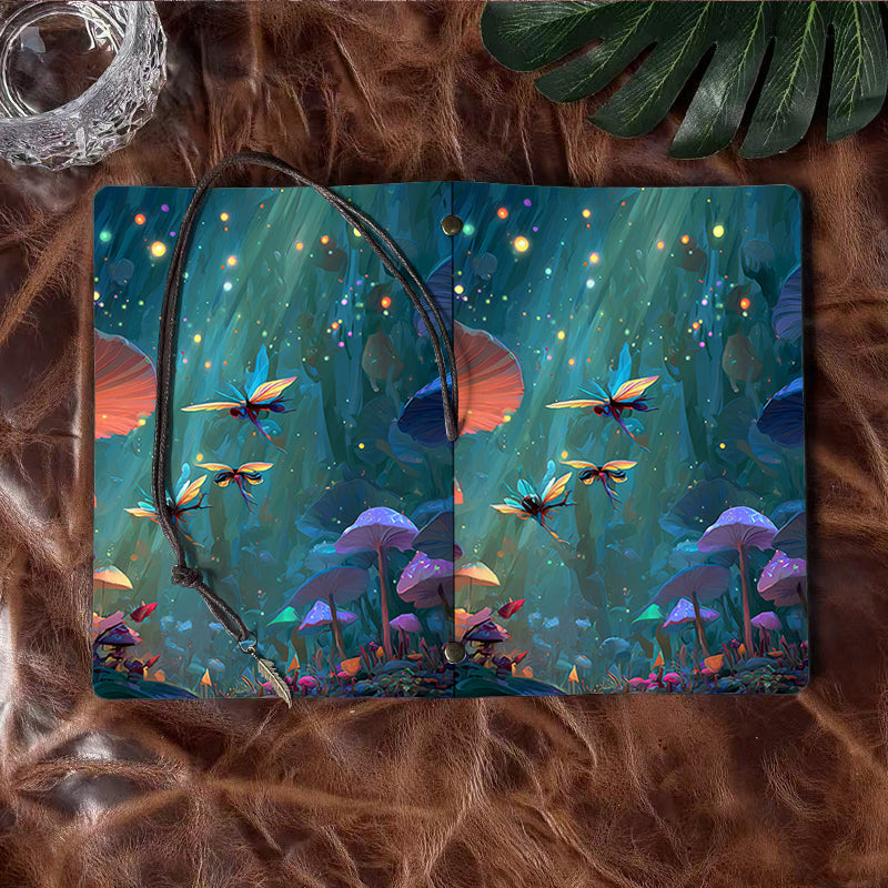 Handmade A6 Notebook - 80 Sheets, Metal Loose-leaf, Tether Closure with Metal Pendant, Office Daily Use with Fireflies, fairies, mushrooms,