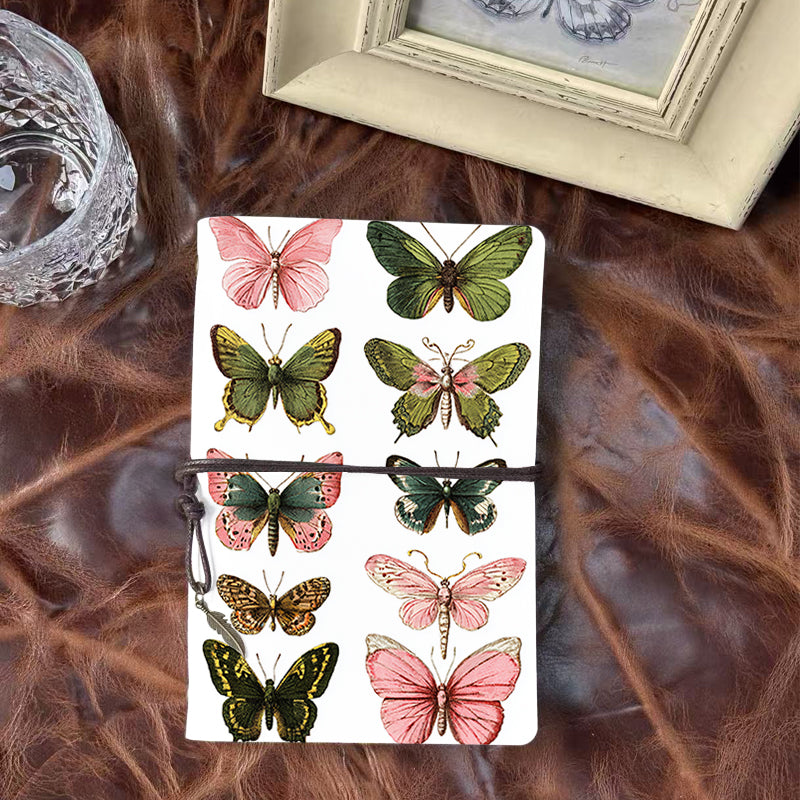 A6 Handmade Notebook, 160 Pages, Metal Loose-leaf, Tether & Metal Pendant Closure, Office Documentation with Ten colorful butterflies Prints