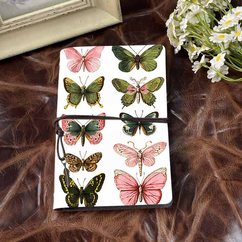 A6 Handmade Notebook, 160 Pages, Metal Loose-leaf, Tether & Metal Pendant Closure, Office Documentation with Ten colorful butterflies Prints