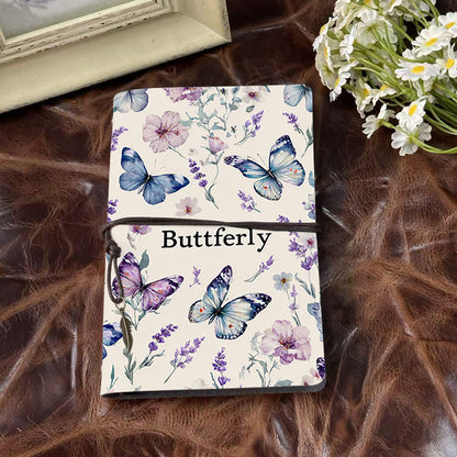 A6 Handmade Vintage Notebook, Metal Loose - leaf, 80 Sheets, Tether with Metal Pendant, Office Essential with Butterflies, flowers, and the