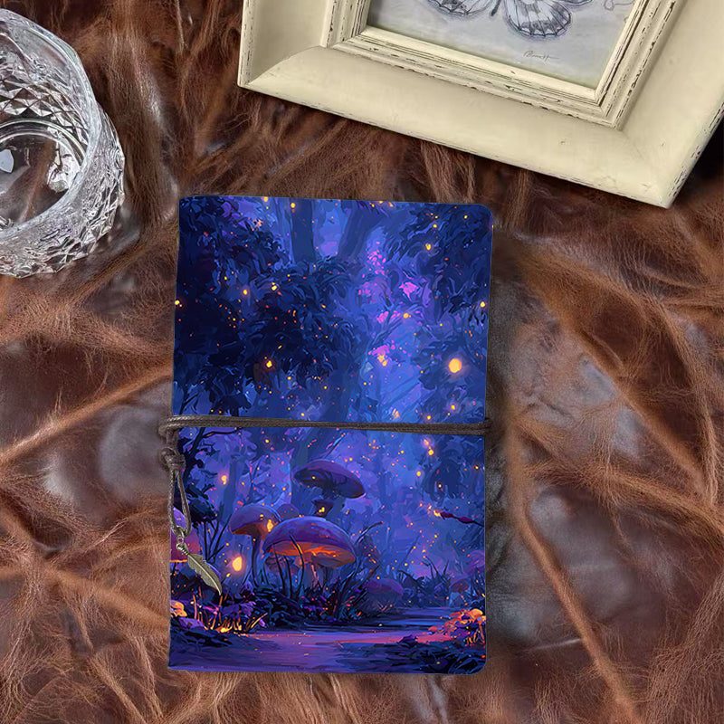 Handmade A6 Vintage - Style Notebook, 160 Pages, Metal Binder, Tether Closure w/ Metal Pendant, for Office with Mushrooms, trees, fireflies